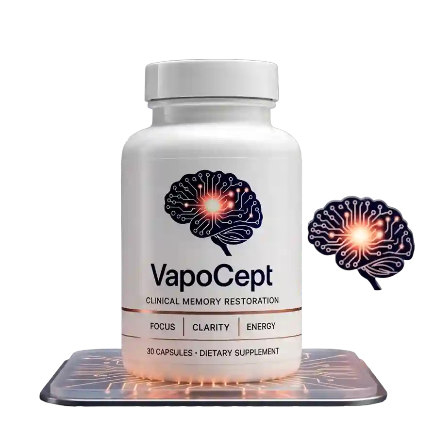 VapoCept Clinical Memory Restoration supplement &mdash; three white matte bottles showing circuit brain logo with Focus Clarity Energy claims, 30 capsules dietary supplement